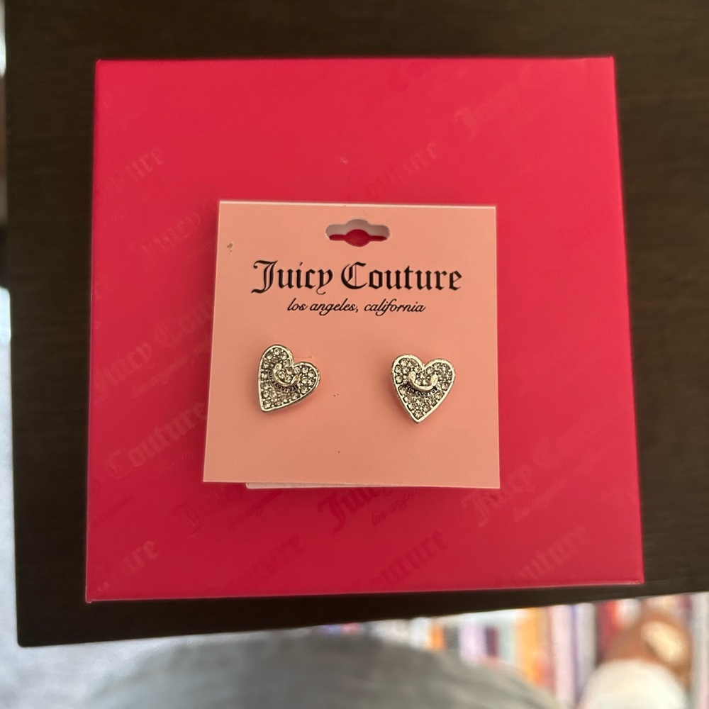 Juicy Couture Silver Heart Stud Earrings with Crystal Accents